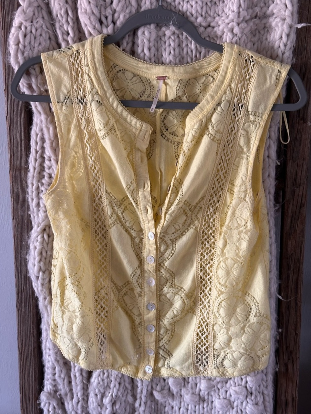 Free People Pale Yellow Jae Lace Button-Front Top